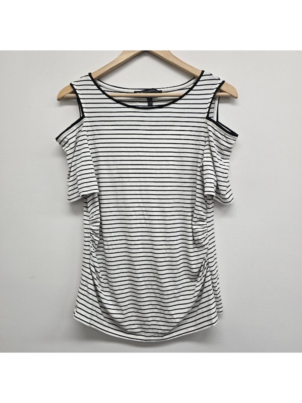 White House Black Market Striped Cold Shoulder Top Sz M Side Ruching Black Trim